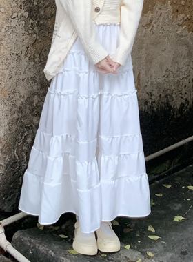 法式甜美风白色蛋糕裙设计感松紧腰宽松a字中长款百褶仙女长裙字
