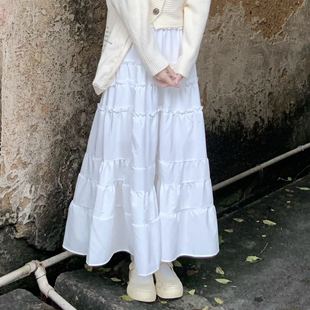 法式 百褶仙女长裙字 甜美风白色蛋糕裙设计感松紧腰宽松a字中长款