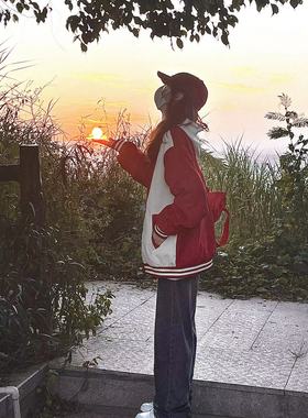 红色美式复古灯芯绒夹克外套宽松原宿风拼色小众设计感潮牌棒球服