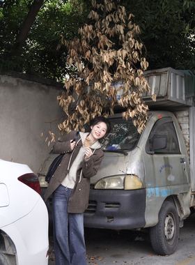 韩系复古咖色垫肩毛呢西装外套高级感宽松正肩中长款翻领呢子西服