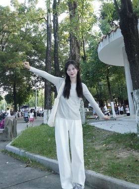 原宿风简约白色直筒牛仔裤小众设计感宽松直筒高腰垂感拖地长裤