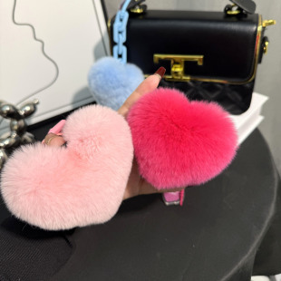 桃心创意硅胶真獭兔毛爱心链条钥匙扣精致书包挂件挂饰礼物