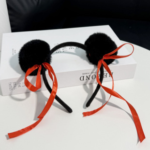 真獭兔毛蝴蝶结发箍儿童可爱头箍红丝带装饰发饰儿童头饰哪吒发箍