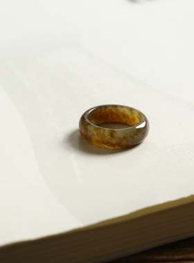 12号戒指 和田玉糖玉唐草纹圆弧素圈指环 7694