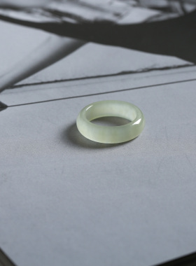 13号戒指 和田玉晴水浅青白泥鳅背圆弧素圈指环 2879