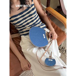 URFF 扇 DECO丹宁牛仔布竹骨团扇子夏天便携挂绳蒲扇手摇新中式