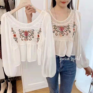 复古绣花镂空透视薄款裙摆上衣女春夏泡泡短袖宽松雪纺衫短袖