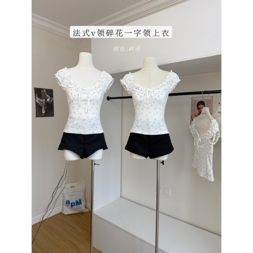 morning bloom法式v领碎花短袖T恤女夏韩系一字领木耳边短款上衣