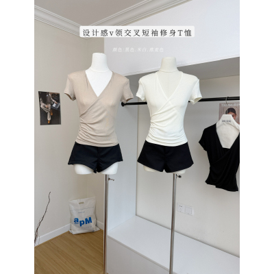 Skk Store 轻柔定律 轻盈无感醋酸天丝羊毛 极简V领交叉短袖T恤