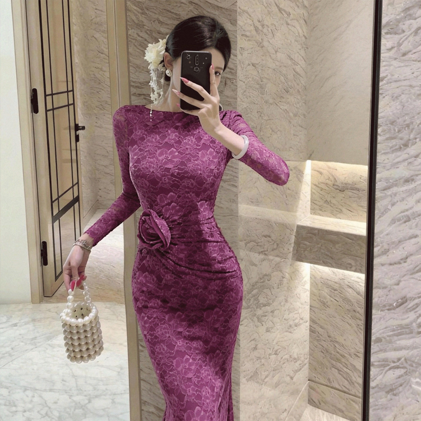 紫色蕾丝鱼尾长礼服23