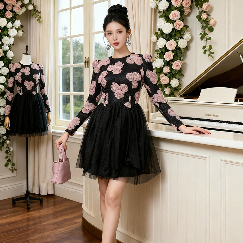 秋冬法式设计感立体花朵拼接网纱