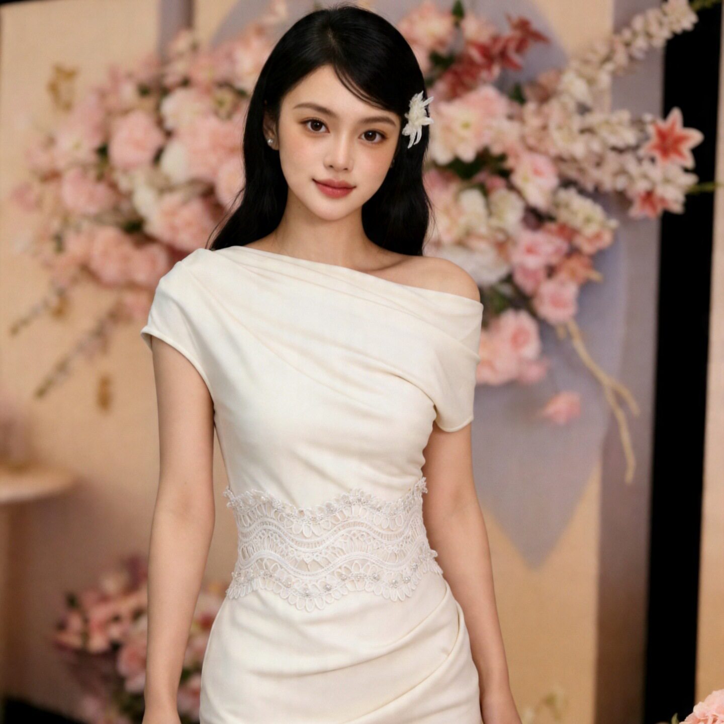 法式杏色鱼尾收腰斜肩裙