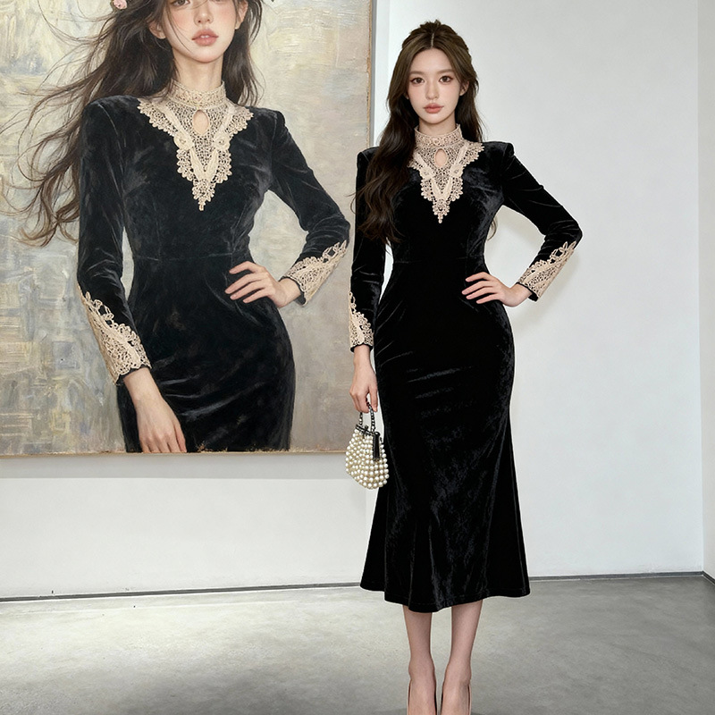 黑色丝绒蕾丝拼接连衣裙女秋冬