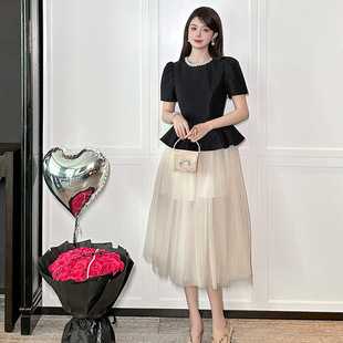 2026夏新款法式收腰网纱蓬蓬连衣裙显瘦女装设计感千金风时尚仙气