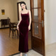 2025新款 夜店聚会高雅气质礼服裙 春装 法式 方领显瘦丝绒连衣裙长袖
