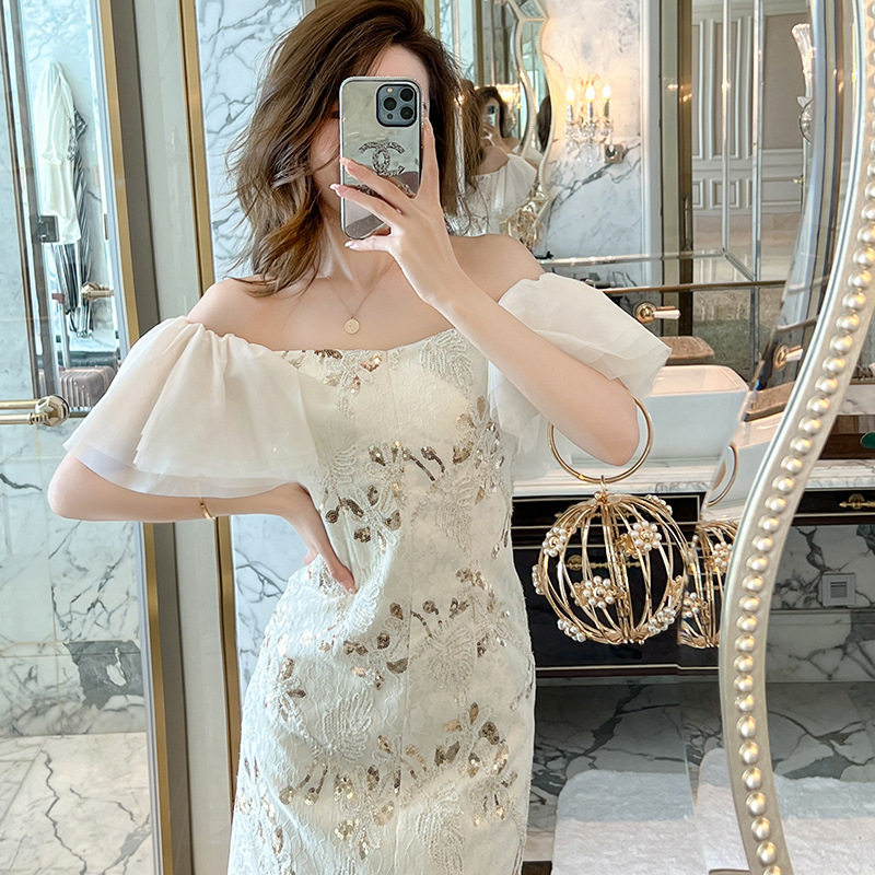 生日派对小礼裙设计感网纱荷叶袖一字领亮片抹胸连衣裙短裙