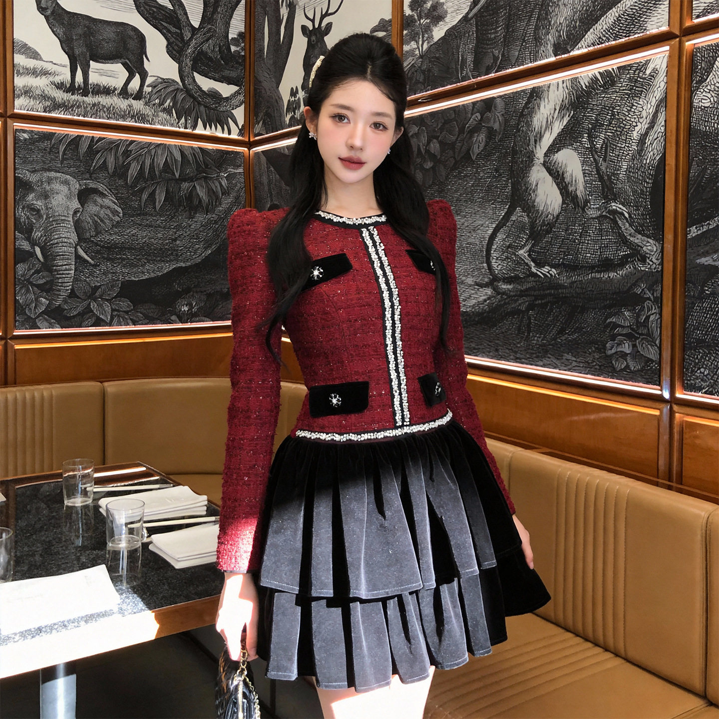 小香风假两件新年礼服裙