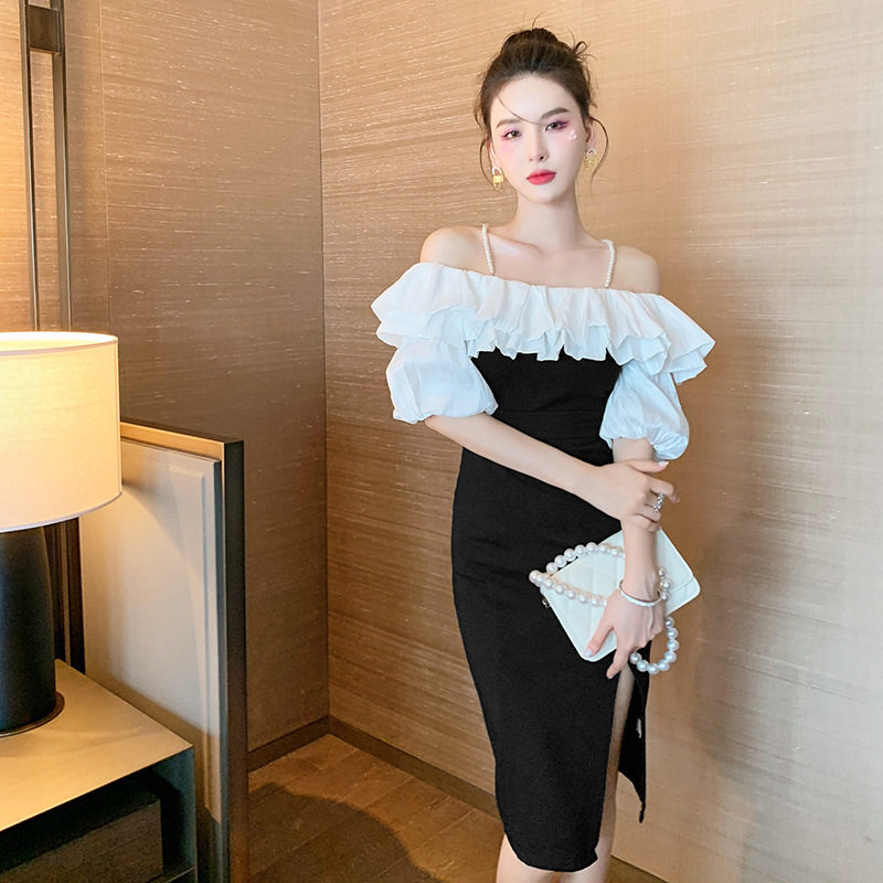 2026新款夏夜宴会露肩修身荷叶边黑色连衣裙女一字领夜店派对礼服