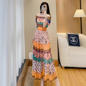 2026新款纯欲风网纱一字肩连衣裙收腰碎花度假显瘦仙女超仙初恋裙