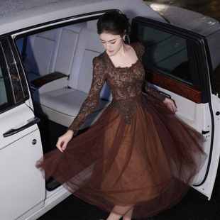 2026秋冬新款法式方领蓬蓬网纱蕾丝收腰高腰女装连衣裙优雅气质潮