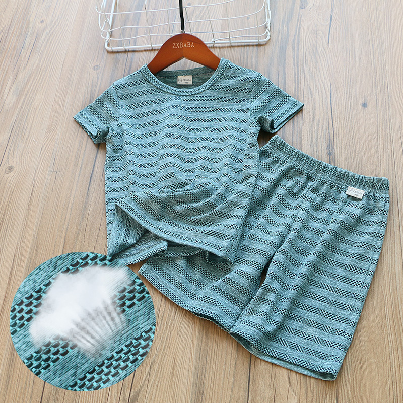 儿童速干套装夏季速干条纹男童网眼短袖两件套男孩短裤运动套装潮