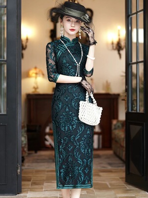 中式改良旗袍女绿色印花镂空国风春季新款日常妈妈七分袖复古LJ