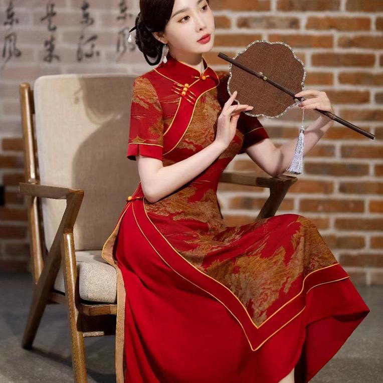 CX高考红色旗袍奥黛新款女中式高端复古气质改良日常长款走秀演出
