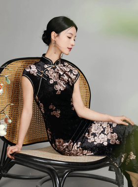 MLL黑色旗袍老上海传统金丝绒烫金印花高端复古显瘦日常走秀演出