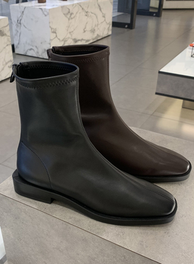 2024秋季新款90900090弹力靴复古后拉链方头粗跟加绒切尔西短靴女