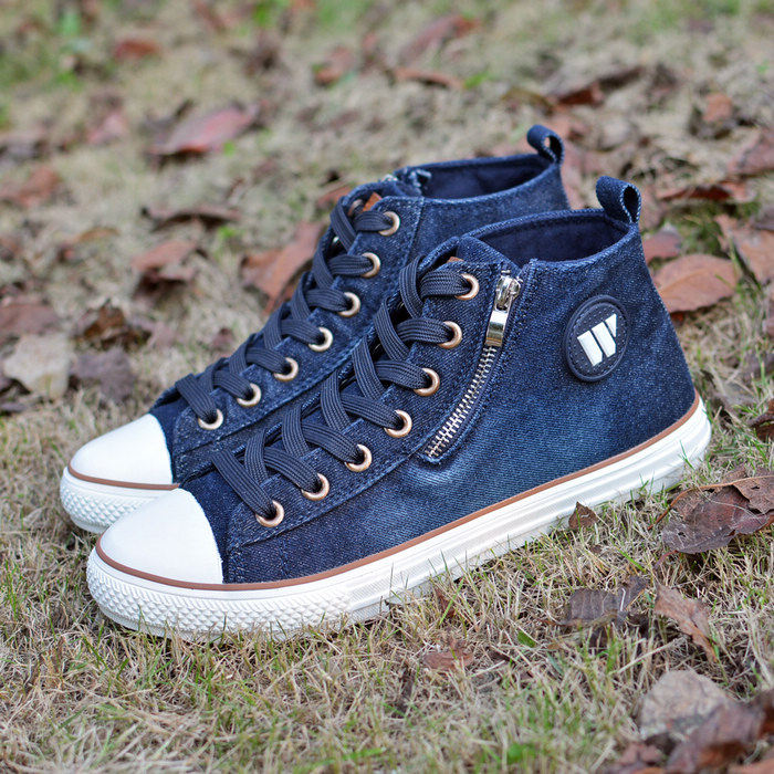 回力高帮帆布鞋男纯色韩版潮男牛仔布系带侧拉链青少年休闲鞋板鞋