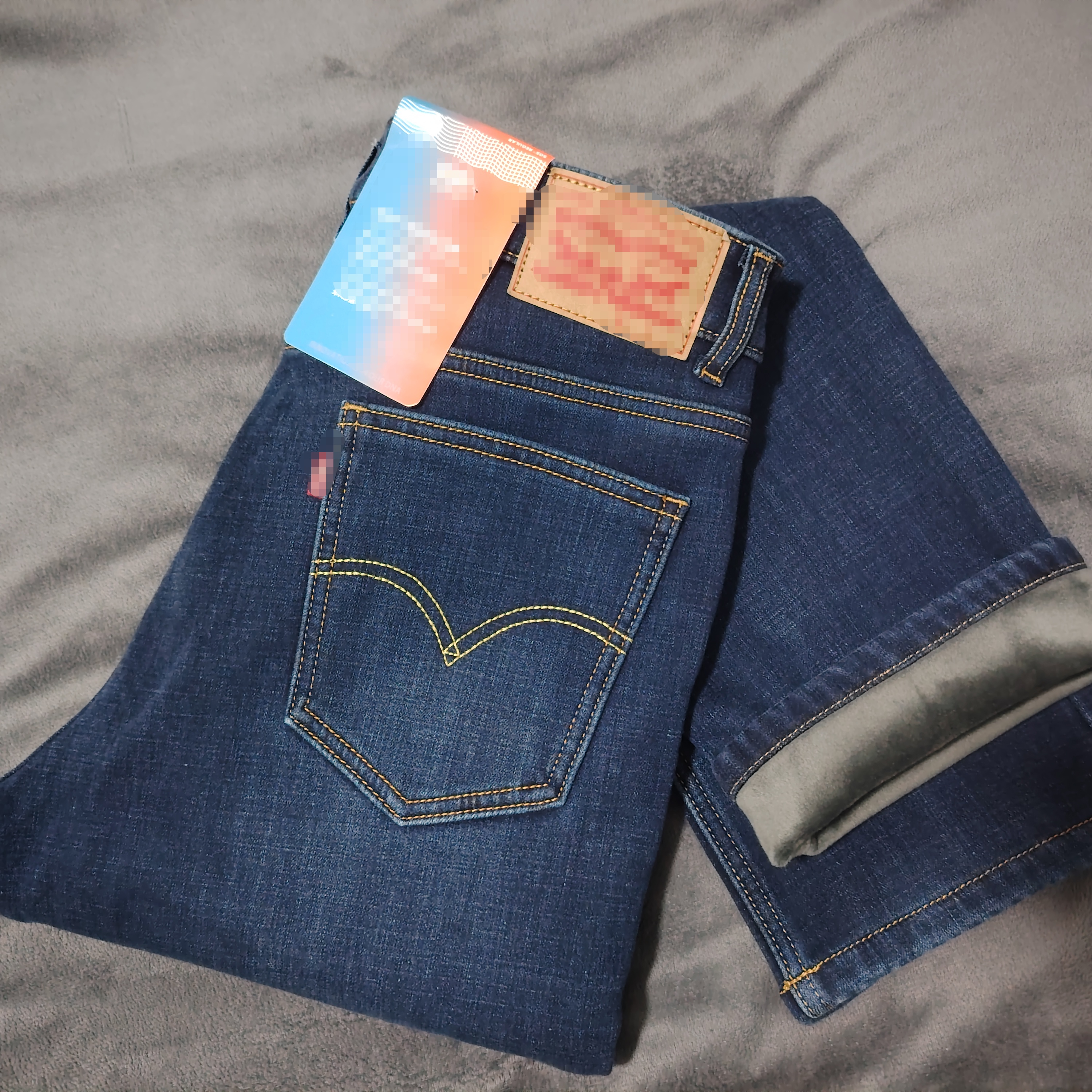 冬季新款男士高弹力高腰一体水貂绒合体小直筒加绒牛仔棉裤