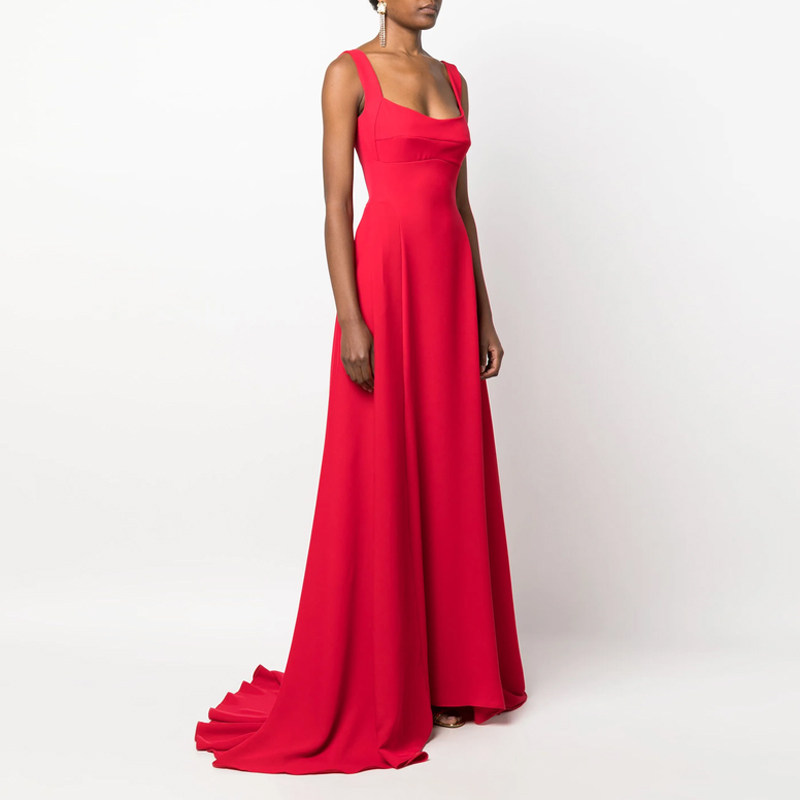 吊带晚礼服拖尾长裙年会女2025新款时尚新娘走秀订婚派对连衣裙红