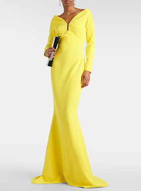 一字肩晚礼服黄色年会妈妈装2024新款气质优雅宴会连衣裙长款鱼尾