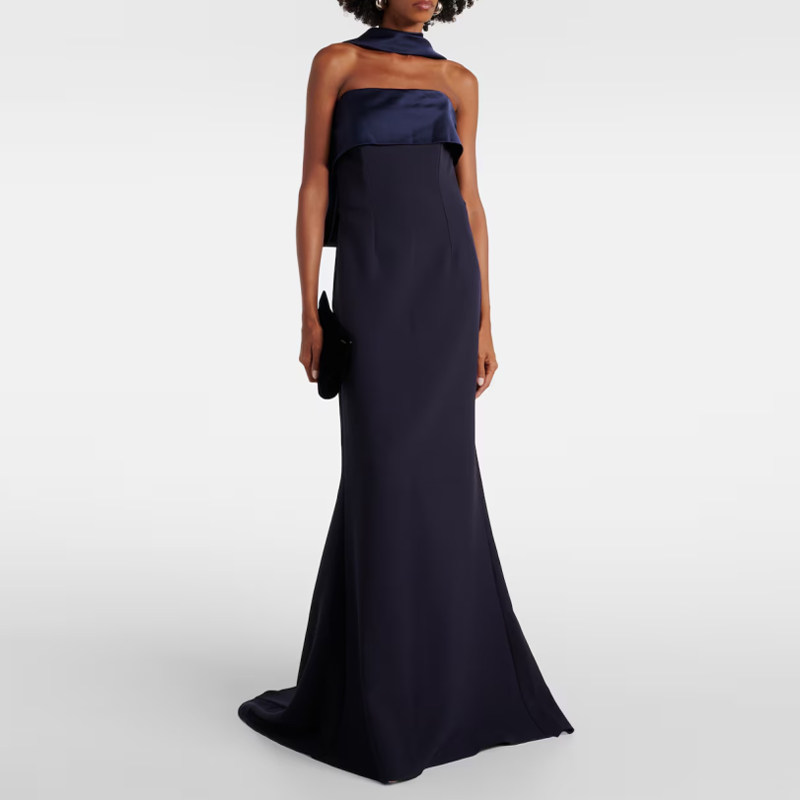 藏青色晚礼服鱼尾裙长款高级质感走秀红毯舞台T台年会妈妈连衣裙