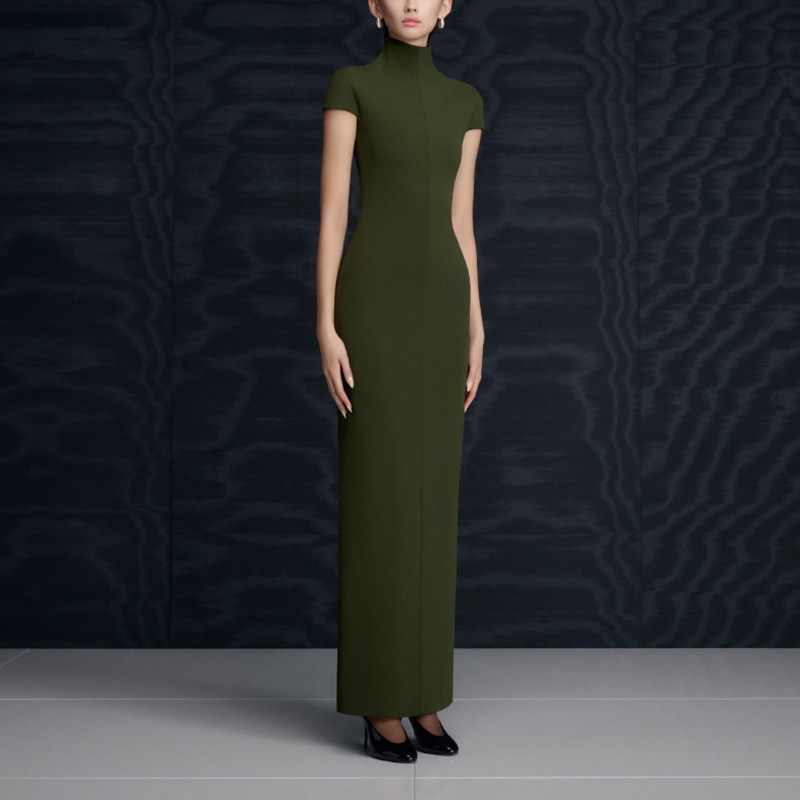 军绿色晚礼服长裙简单大方2025新款年会女晚装时尚修身连衣裙质感