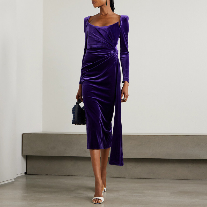 秋冬季晚礼服丝绒中长裙气质紫色宴会装2025新款高级感年会小礼服