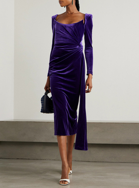 秋冬季晚礼服丝绒中长裙气质紫色宴会装2025新款高级感年会小礼服