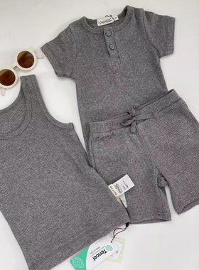 2024春夏mar莫代尔棉螺纹高端灰色系莫兰迪儿童短袖T恤哈衣背心潮