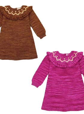 MP女童针织夹花羊毛连衣裙经典假日火龙果金棕色手钩毛线裙子秋冬