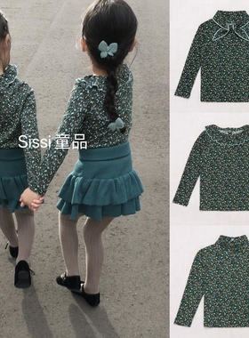 ins爆款2021秋冬mp系列同款女宝宝超柔软绿色印花复古T恤打底衫