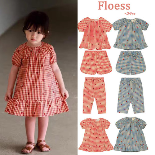 25SS夏季新童裙floss红格子系列满绣草莓短袖上衣短裤重工连衣裙