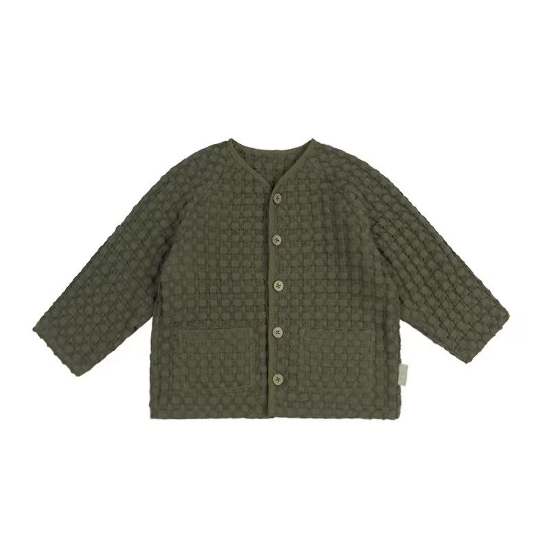 thumbnail for In Stock 2024 Autumn/Winter Custom-Woven Children's Simple Forest Style V-Neck Waffle Waffle Textured Pure Cotton Suit Outerwear Wide-Leg Pants