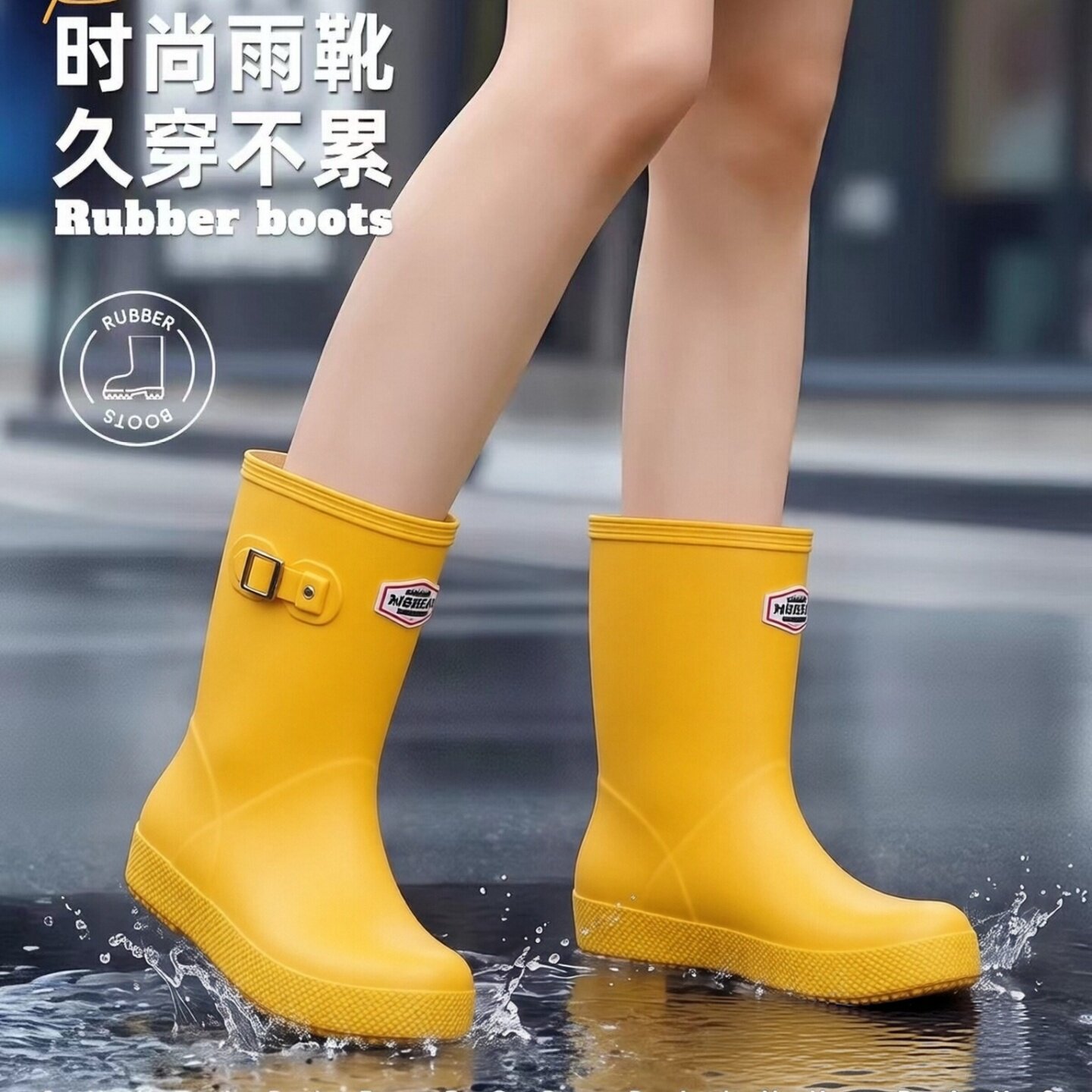 黄色雨靴女户外赶海旅行徒步旅拍图片