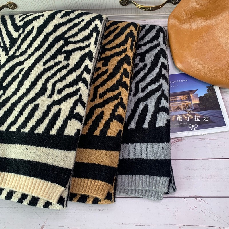复古系ins斑马纹围巾加厚百搭日韩学生披肩毛线针织围巾围脖冬女