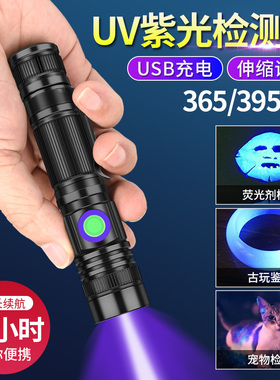 395紫外线灯鉴定手电筒365nm紫光灯验钞专用猫藓荧光剂uv胶固化灯