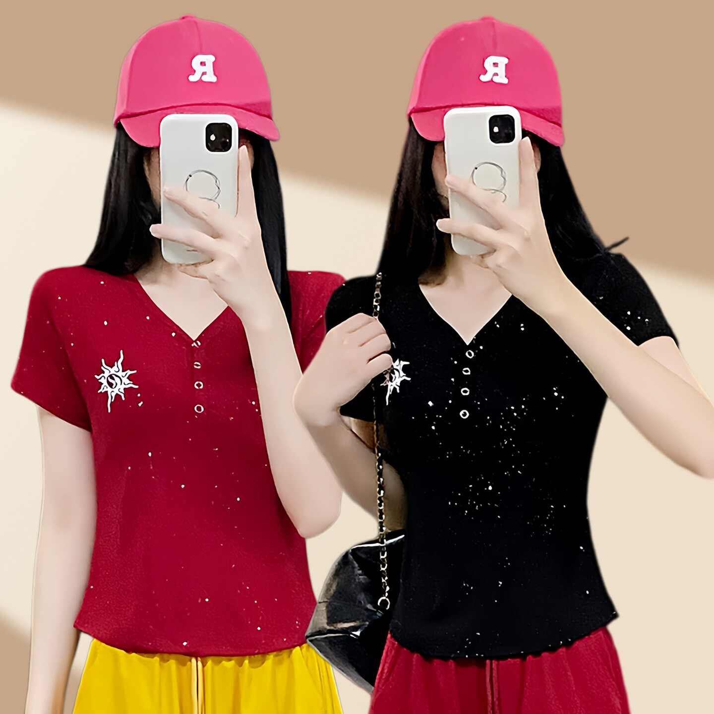 网红夏V领亮片运动广场舞上衣女