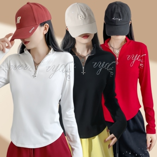 网红美式简约风半拉链烫钻字母广场舞上衣女修身休闲运动长袖t恤