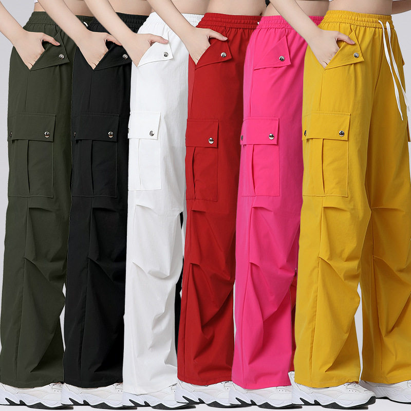 广场舞裤新款速干抽绳松紧腰工装裤女夏季高腰显瘦直筒休闲运动裤