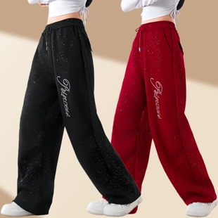 网红新款跳广场舞裤女烫钻亮片阔腿裤宽松休闲抽绳直筒纯棉运动裤