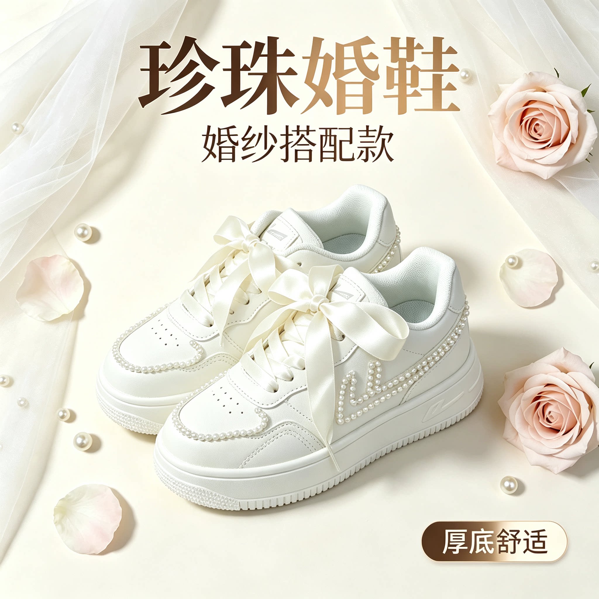 回力珍珠蝴蝶结丝带婚鞋婚纱鞋新娘鞋女鞋小白鞋可日常穿轻便舒适